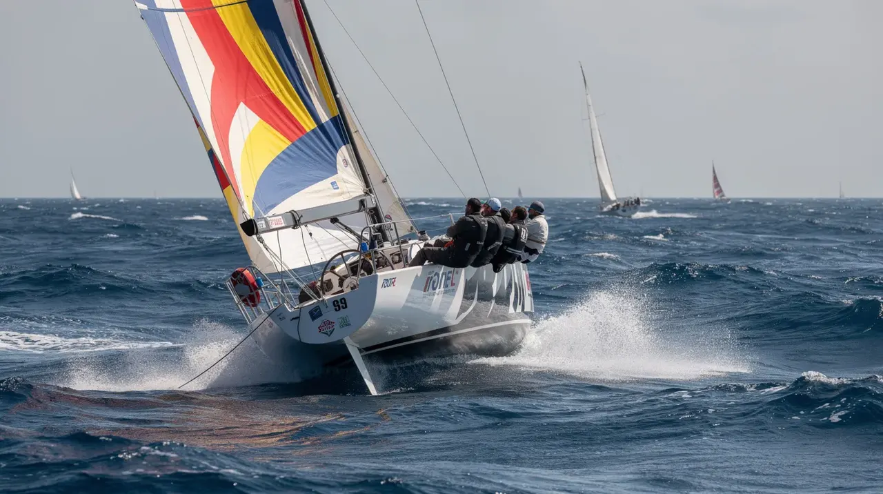 A racing yacht with a crew hiking out is captured in action during a regatta