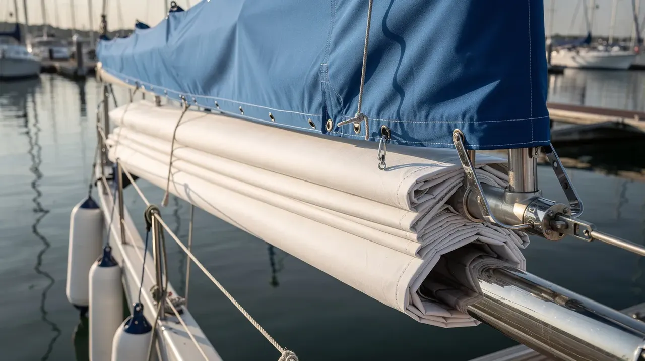 The image shows a sailboat docked with neatly flaked sails covered by a blue UV cover