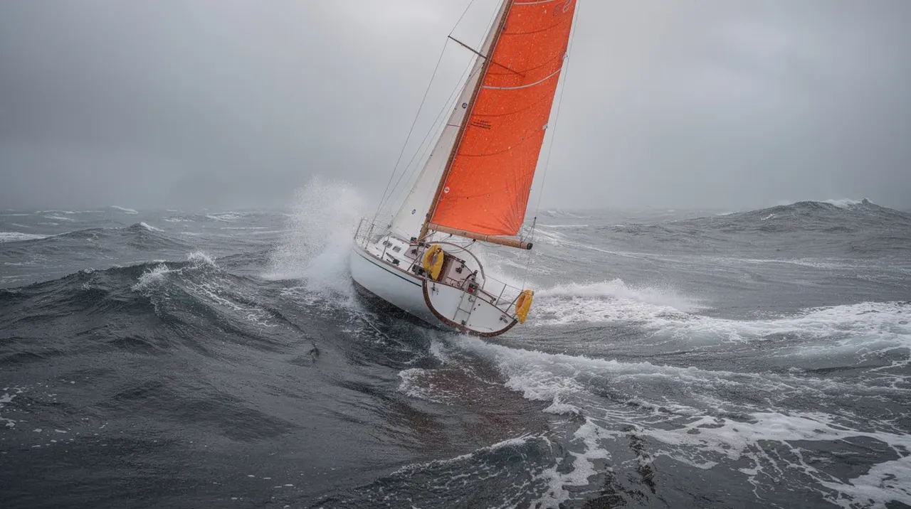 A small sailboat navigates through rough gray seas, featuring a bright orange storm jib that is set for heavy weather