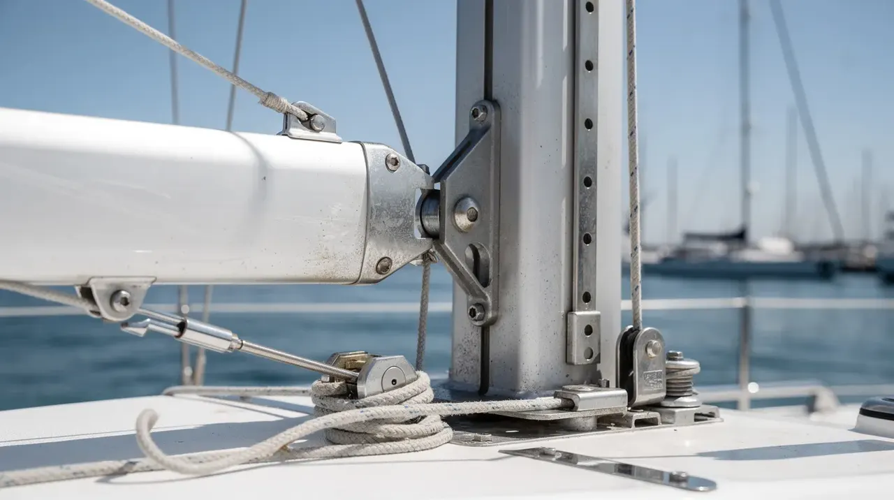 A close-up view of a sailboat's boom and mast connection at the goose neck fitting