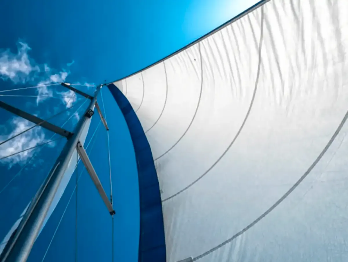 A jib with UV on leech and foot flying from a mast against a blue sky
