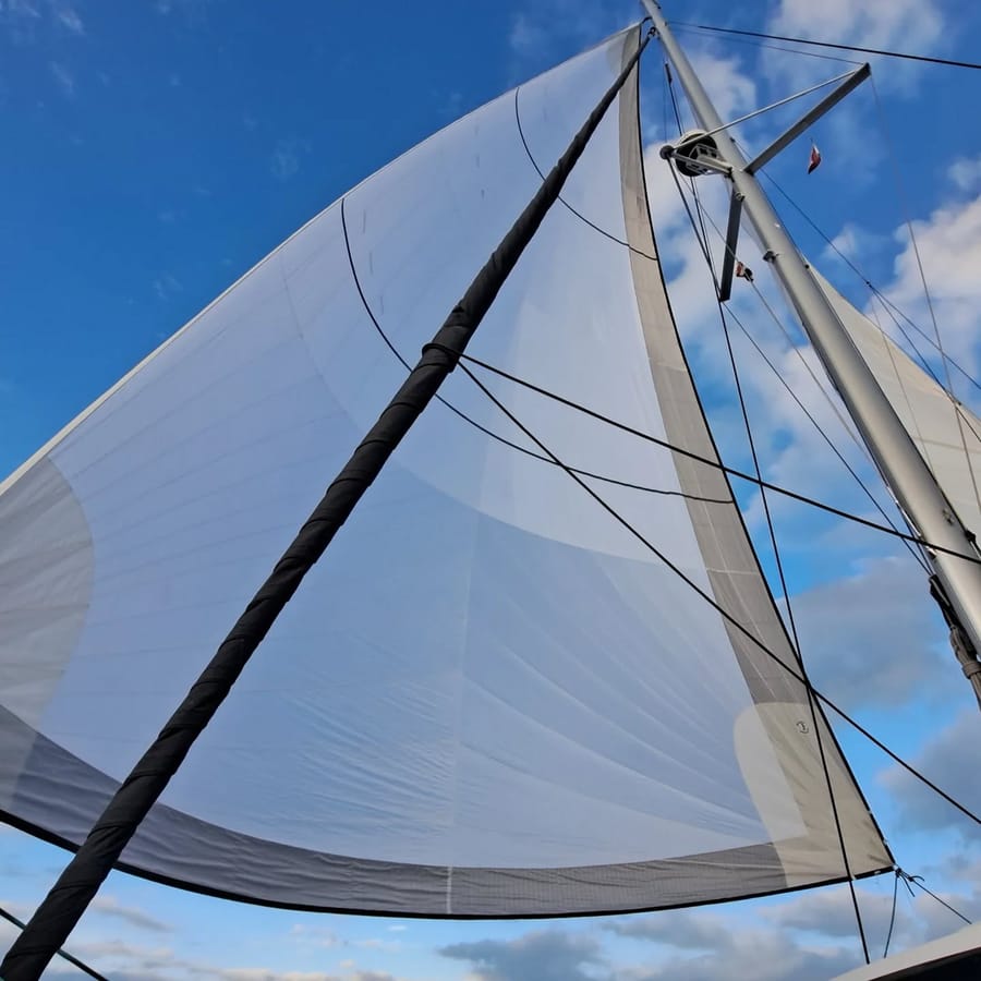 Code zero sail on a cruising catamaran